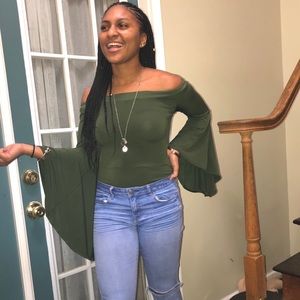Olive off the shoulder Bodysuit w/ flared sleeves